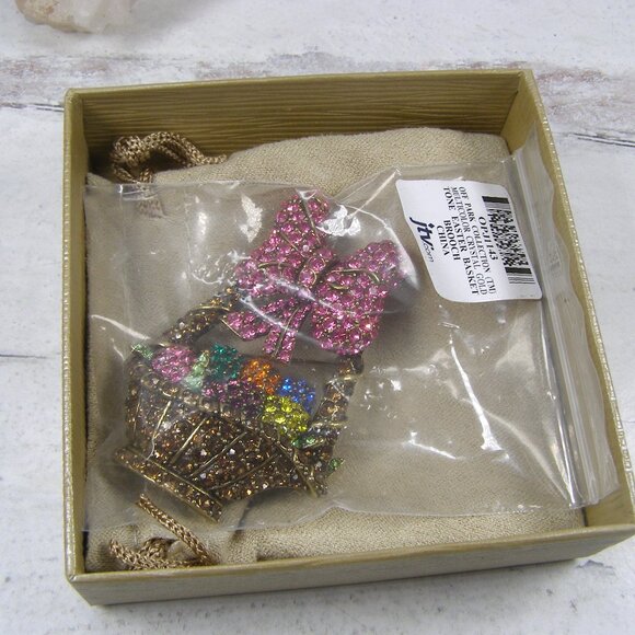 JTV Pave Rhinestone Easter Basket Brooch Ribbon Bow Pink - Picture 1 of 5